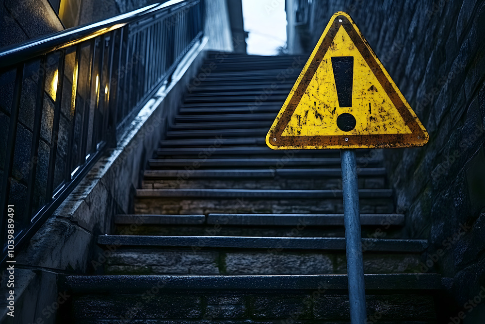 Poster the image captures a yellow caution sign with an exclamation mark positioned at the bottom of a set 