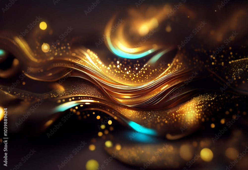 Poster abstract background of flowing golden and blue liquid with bokeh.