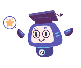 AI robot teacher character in graduate's hat flat vector illustration isolated on white.