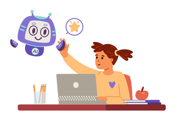Artificial intelligence in school education concept flat vector illustration isolated on white. Girl giving high five to AI robot character while studing.