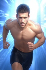 Fototapeta premium A determined athlete sprints forward in a dynamic blue light environment