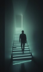Silhouette walking up illuminated stairs.