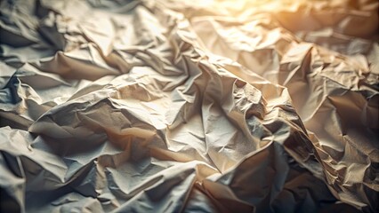 The abstract texture of crumpled paper, lit by a warm, diffused light, creates a dynamic landscape of subtle hills and valleys, revealing the delicate beauty of everyday materials.