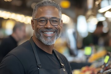 A cheerful cashier, wearing spectacles, provides assistance in a bustling market, demonstrating excellent service surrounded by diverse grocery products and busy shoppers.