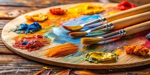Fototapeta premium Colorful Palette of Paintbrushes with Vibrant Orange, Blue, and Yellow Paint for Art Enthusiasts and Creatives