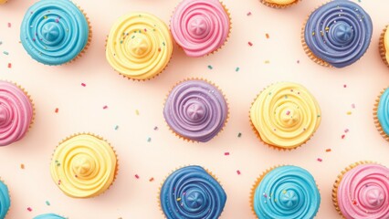 Colorful cupcakes on a pink background.