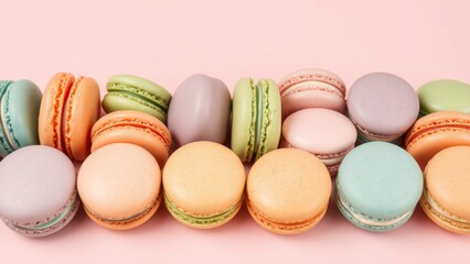 Obraz premium Colorful macarons on a pink background.
