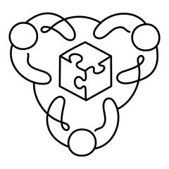 Problem-Solving Network Icon – Three Persons in a Circle with a Puzzle Piece, Emphasizing Group Collaboration in Finding Solutions