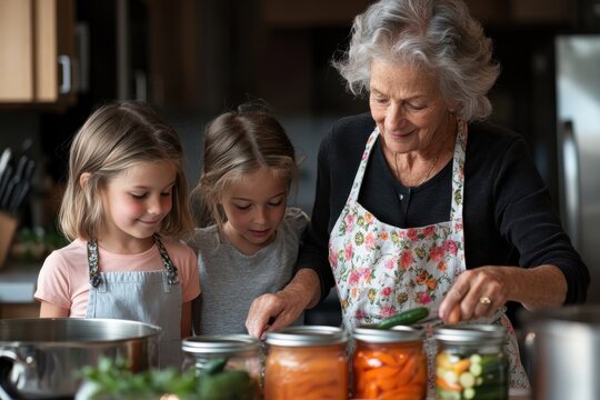 A grandmother and her grandchildren can vegetables together at home, a delightful process that showcases love, tradition, and home skills in a vibrant kitchen setup.