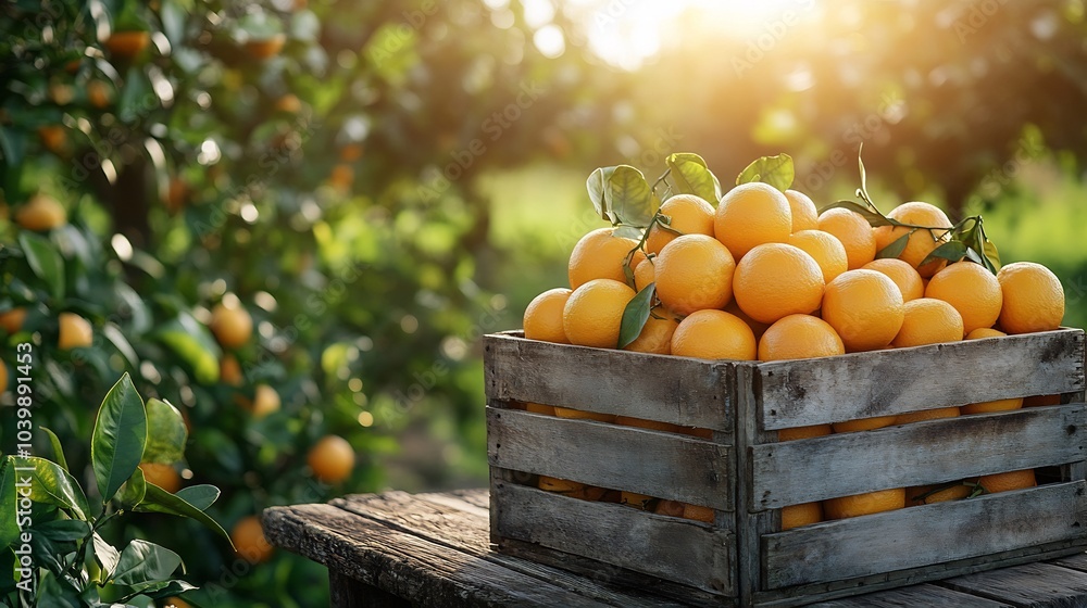 Aufkleber wooden box brimming with ripe oranges on a rustic table set against a lush green field under a brigh
