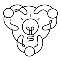 Collaborative Innovation Icon – Three Persons in a Circle with a Light Bulb, Representing Team Effort Toward Creative Solutions and New Ideas