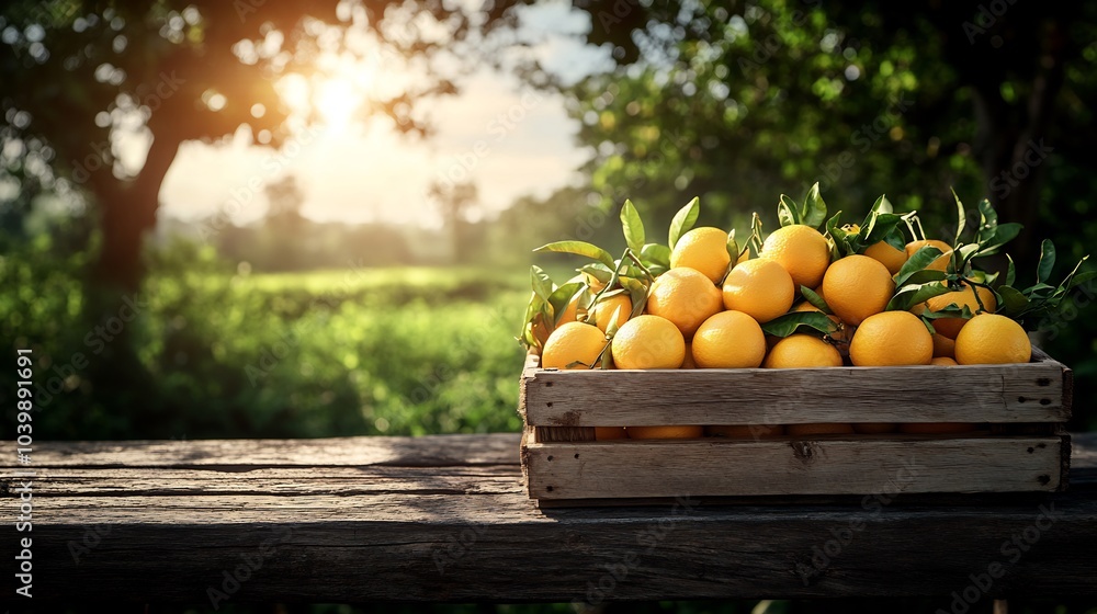Aufkleber wooden box brimming with ripe oranges on a rustic table set against a lush green field under a brigh