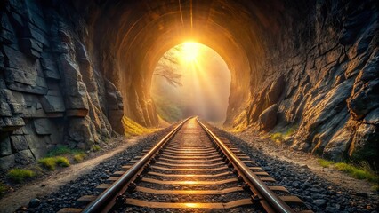 Naklejka premium A tunnel of stone and sunlight, where a railway track leads towards a brilliant horizon of hope and possibility
