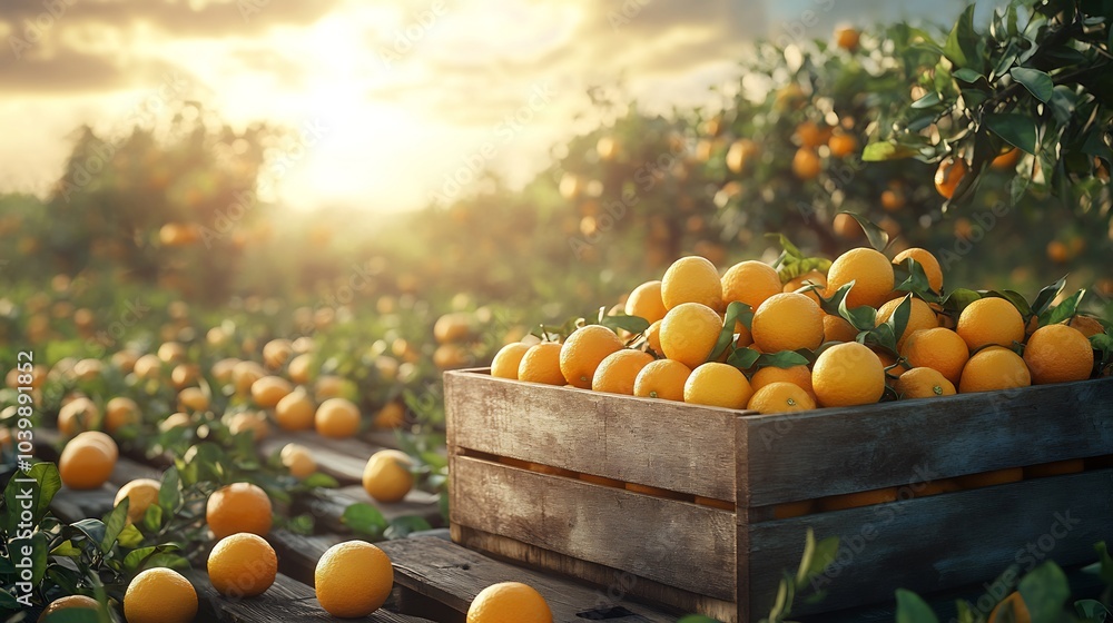 Poster wooden box brimming with ripe oranges on a rustic table set against a lush green field under a brigh