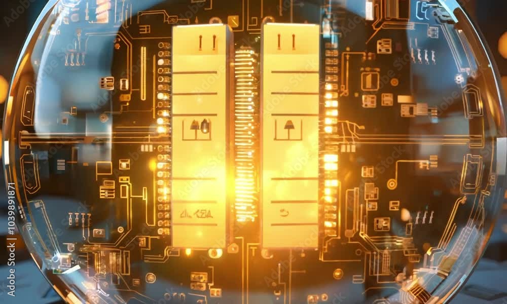 Poster microchip core within spherical shield video animation. intricate circuits animated footage hd clip 