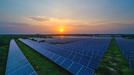 Expansive solar farm with rows of photovoltaic panels under a soft pastel sky at sunset, showcasing renewable energy production.