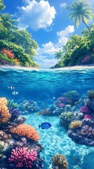 A tropical beach with crystal clear water revealing vibrant coral reef and fish beneath the surface.