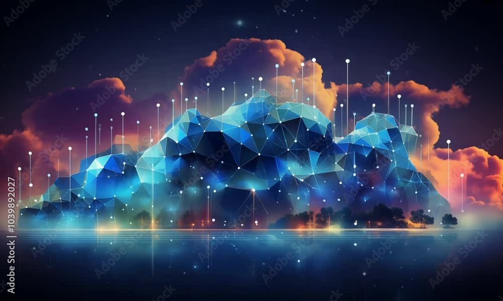 Poster polygonal digital mountain with dynamic connections video animation. rising dots clouds animated foo