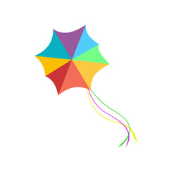 Flying kite rainbow pattern isolated on white background, soar or flying, holiday kites, recreation activity, sankranti traditional india ceremony, vector illustration