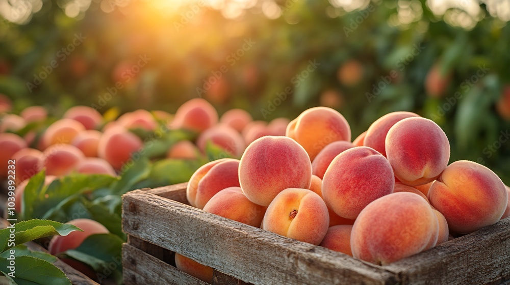 Poster wooden box full of ripe peaches on a rustic table with a sunny green field in the background providi