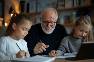 An elderly man is seen teaching two young girls in a warm, cozy library setting, illustrating the bond between generations through learning and education.