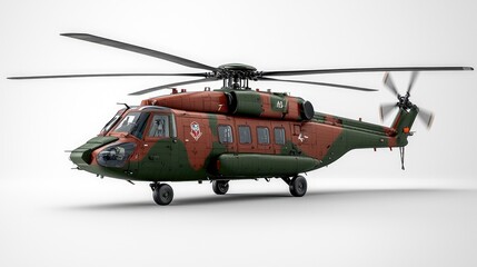 Fototapeta premium A military helicopter with a camouflage paint scheme, isolated on a white background.