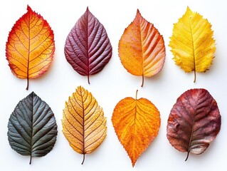 Obraz premium a collection of autumn leaves isolated on a pure white background, showcasing a variety of shapes and colors that celebrate the beauty of the fall season