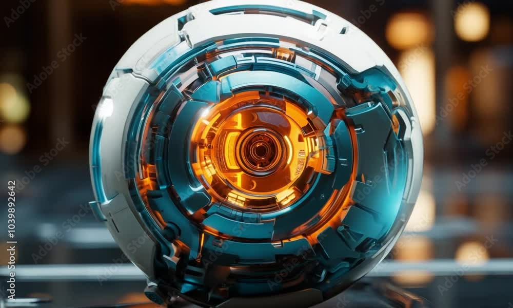 Poster intricate spherical device with glowing core video animation. robotic eyeball illuminated orange iri