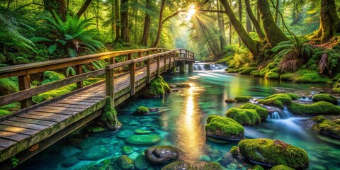 A Serene Forest Pathway Sunlight Filtering Through The Canopy Creates A Golden Trail Over A Crystal Clear Stream, Reflecting On The Smooth, Moss-Covered Rocks