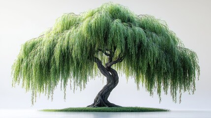 A majestic willow tree with cascading leaves beside water.