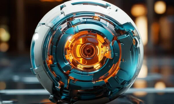 Intricate spherical device with glowing core video animation. Robotic eyeball illuminated orange iris animated footage HD clip seamless motion graphics. Vision technology concept