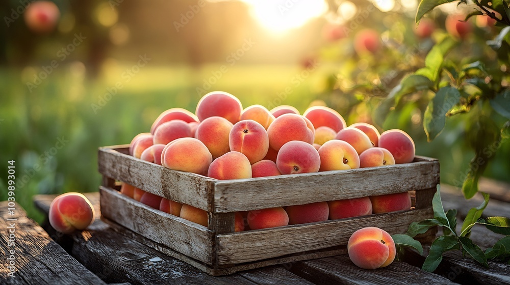 Poster wooden box full of ripe peaches on a rustic table with a sunny green field in the background providi