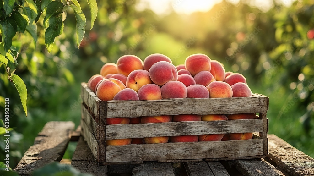 Poster wooden box full of ripe peaches on a rustic table with a sunny green field in the background providi