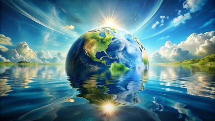 A celestial orb rises from the water, its surface a tapestry of land and sea, bathed in the golden light of a distant sun.