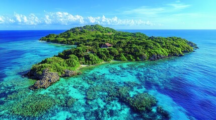 Fototapeta premium breathtaking view of a lush green island surrounded by crystalclear turquoise waters and coral reefs embodying the untouched beauty and tranquility of nature