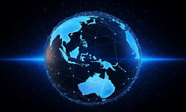 Futuristic digital globe with blue network nodes video animation. Interconnected world animated footage HD clip seamless motion graphics. Cyber technology. Global connectivity concept