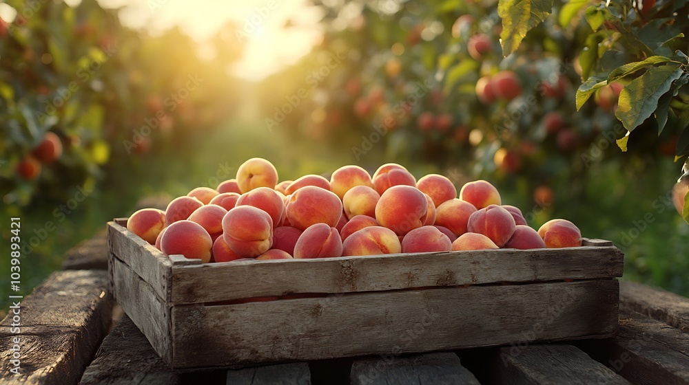 Poster wooden box full of ripe peaches on a rustic table with a sunny green field in the background providi