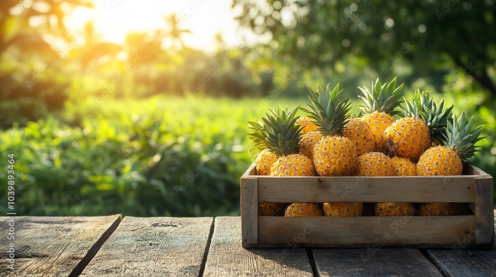 Poster wooden box full of vibrant pineapples sitting on a table with a green field bathed in sunlight in th