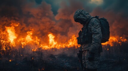 Soldier stands amidst a raging wildfire, reflecting on the chaos.