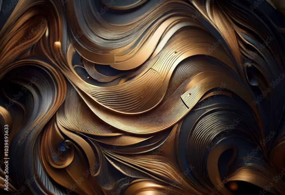 Poster abstract background of wavy, overlapping gold and dark gray lines.