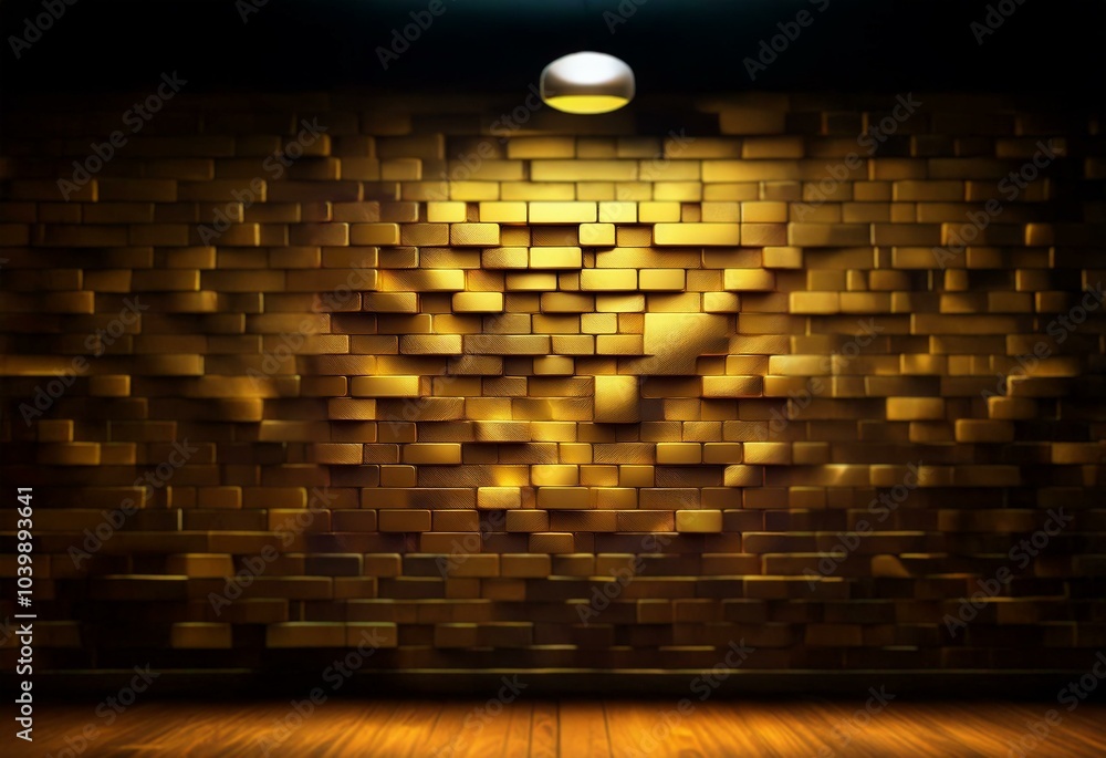 Poster a gold brick wall with a single light source in the upper center casts a soft glow on the wall and f