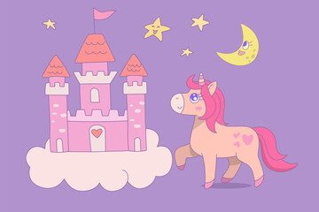 Cute unicorn with castle and stars, Cartoon fantasy style, Unicorn hand drawn doodles, Vector design illustration.