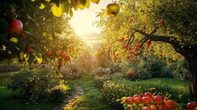 A stone pathway winds through a lush orchard, where apple trees laden with fruit bask in the golden glow of the morning sun
