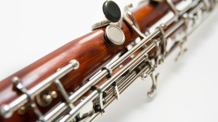 Close-up of a bassoon with detailed keys and wooden body.