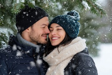 A happy couple snuggles close in warm winter clothing, smiling joyfully under a snow-covered pine tree, enjoying a serene snowy forest atmosphere together.