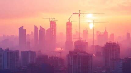 Fototapeta premium A misty skyline at sunset with buildings and construction cranes, showcasing a blend of urban development and natural beauty.