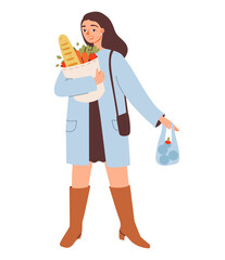 Obraz premium Woman with shopping bag isolated on white background. Buyer with purchases. Flat vector illustration