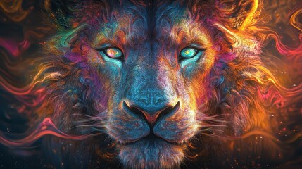 Naklejka premium Vibrant Artistic Lion Portrait with Colorful Abstract Patterns and Intense Gaze in Digital Art Style