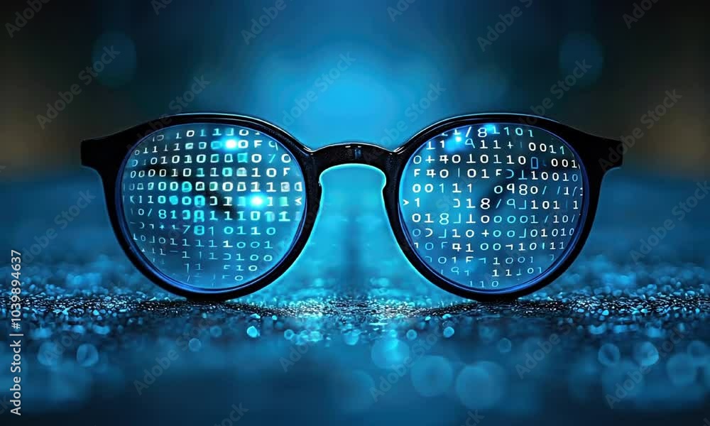 Poster eyeglasses reflecting binary code in blue-lit environment video animation. information technology. g