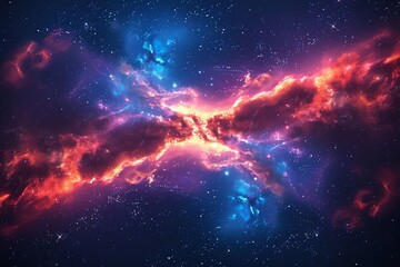 Fototapeta premium A vibrant nebula with swirling clouds of red and blue gas against a backdrop of twinkling stars.